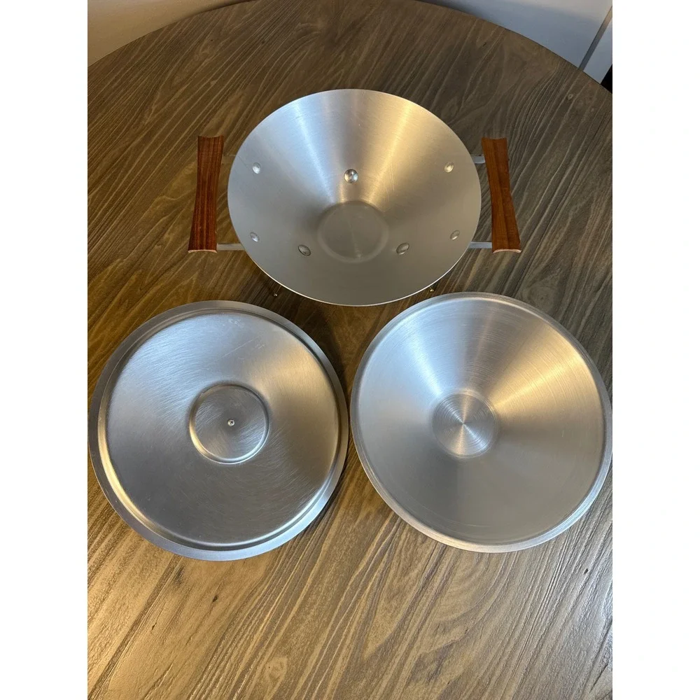 Vintage Mirro Medallion Chafing Dish MCM‎ 10in Silver Wood Starburst Serving Set